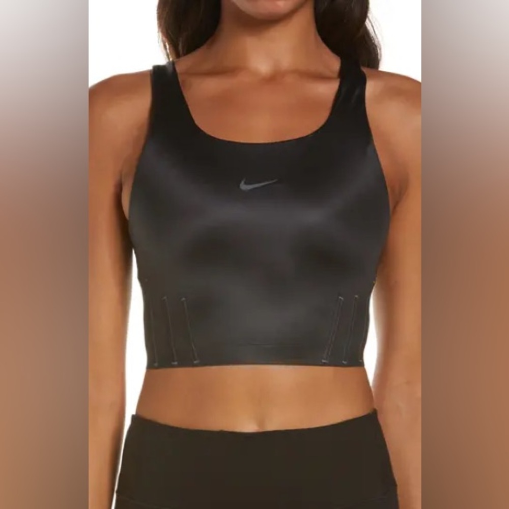 NIKE Swoosh City Long Line Low Back Rib Stitched Crop Top Sports Bra